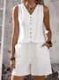 Linen V Neck Casual Plain Two-Piece Set
