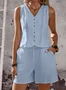 Linen V Neck Casual Plain Two-Piece Set