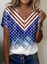 Women's American Flag Print V-Neck Pearl Button Short Sleeve T-Shirt