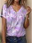 Women's Artistic Floral Print Pearl Button V-Neck Short Sleeve T-Shirt
