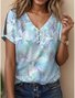 Women's Artistic Floral Print Pearl Button V-Neck Short Sleeve T-Shirt