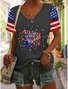Women's American Flag Fireworks Print V-Neck Cotton Blend Short Sleeve T-Shirt