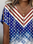 Women's American Flag Print V-Neck Pearl Button Short Sleeve T-Shirt
