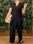Women's H-Line T-Shirt V Neck Daily Going Out Casual Lace-up Cotton Plain Summer Long Jumpsuit Romper