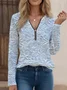 Casual V Neck Zipper Cotton-Blend T-Shirt