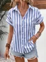 Women's Short Sleeve Shirt Summer Blue Striped Printing Shirt Collar Daily Going Out Casual Top