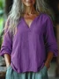 V Neck Casual Plain Cotton Shirt