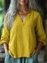 V Neck Casual Plain Cotton Shirt