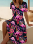 Women's Short Sleeve Summer Black Flamingo Printing V Neck Daily Going Out Casual Midi A-Line Fit & Flare Dress Dress