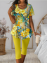 Simple Floral Regular Fit Crew Neck Two-Piece Set