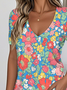Print Casual V Neck Short Sleeve T-Shirt