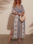 Women's Short Sleeve Summer white-blue Floral Split Joint V Neck Daily Going Out Vintage Maxi A-Line Tank Dress