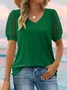 Women's Short Sleeve T-shirt Summer Green Plain Jacquard V Neck Puff Sleeve Daily Going Out Casual Top