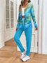 Women's Abstract Print Hooded Zip-Up Jacket and Casual Pants 2-Piece Set