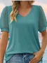 Women's Short Sleeve T-shirt Summer Green Plain Jacquard V Neck Puff Sleeve Daily Going Out Casual Top