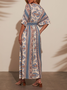Women's Short Sleeve Summer white-blue Floral Split Joint V Neck Daily Going Out Vintage Maxi A-Line Tank Dress
