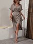 Women's Short Sleeve Summer Khaki Geometric Split Joint V Neck Daily Going Out Vintage Midi A-Line Tank Dress