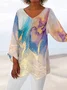 Women's Three Quarter Sleeve T-shirt Spring/Fall Color1 Floral Printing V Neck Daily Going Out Casual Top