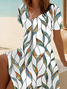 Women's Short Sleeve Summer White Leaf Printing V Neck Daily Going Out Casual Midi A-Line Fit & Flare Dress Dress