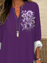 Women's Long Sleeve Blouse Spring/Fall Purple Floral Printing Cotton-Blend V Neck Daily Going Out Casual Top
