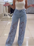 High waist wide leg pants for women fashionable temperament versatile hollow lace splicing denim drape pants