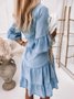 Women's Sweet Temperament Solid Color Washed Cotton Five-Quarter Sleeve A-Line Mid-Length Denim Dress