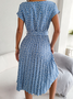 Women's Short Sleeve Summer Light Blue Floral Split Joint Crew Neck Daily Going Out Vintage Midi A-Line Pleated Dress