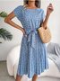 Women's Short Sleeve Summer Light Blue Floral Split Joint Crew Neck Daily Going Out Vintage Midi A-Line Pleated Dress