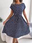 Women's Short Sleeve Summer Light Blue Floral Split Joint Crew Neck Daily Going Out Vintage Midi A-Line Pleated Dress