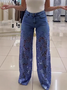 High waist wide leg pants for women fashionable temperament versatile hollow lace splicing denim drape pants
