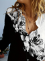 Women's Long Sleeve Shirt Spring/Fall Black-white Floral Buckle Shirt Collar Daily Going Out Casual Top