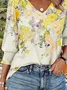 V Neck Casual Floral Cotton T-Shirt