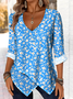 Printed Commuter V-Neck Long Sleeve Chrysanthemum Floral T-Shirt