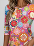 Elegant Round Neck Long Sleeve Floral Chrysanthemum Print T-Shirt