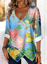 Printed Commuter V-Neck Long Sleeve Chrysanthemum Floral T-Shirt