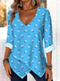 Elegant commuting V-neck pointed hem printed chrysanthemum long-sleeved top