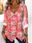 Printed Commuter V-Neck Long Sleeve Chrysanthemum Floral T-Shirt