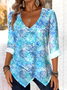 Printed Commuter V-Neck Long Sleeve Chrysanthemum Floral T-Shirt