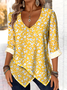 Printed Commuter V-Neck Long Sleeve Chrysanthemum Floral T-Shirt