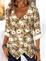 Elegant commuting V-neck pointed hem printed chrysanthemum long-sleeved top