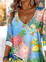 Printed Commuter V-Neck Long Sleeve Chrysanthemum Floral T-Shirt