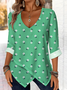 Elegant commuting V-neck pointed hem printed chrysanthemum long-sleeved top