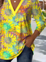 Retro Ethnic Pattern V-Neck Pointed Hem Sunflower Print Long-Sleeved T-Shirt
