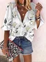 Women's Three Quarter Sleeve Shirt Spring/Fall Blue Floral Printing Stand Collar Balloon Sleeve Daily Going Out Casual Top