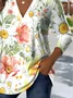 Retro Ethnic Pattern V-Neck Pointed Hem Sunflower Print Long-Sleeved T-Shirt
