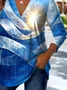 Retro Ethnic Pattern V-Neck Pointed Hem Sun Print Long Sleeve T-Shirt