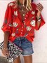 Women's Three Quarter Sleeve Shirt Spring/Fall Blue Floral Printing Stand Collar Balloon Sleeve Daily Going Out Casual Top