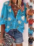 Women's Three Quarter Sleeve Shirt Spring/Fall Blue Floral Printing Stand Collar Balloon Sleeve Daily Going Out Casual Top