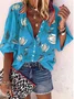 Women's Three Quarter Sleeve Shirt Spring/Fall Blue Floral Printing Stand Collar Balloon Sleeve Daily Going Out Casual Top