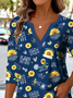 Ethnic Pattern V-Neck Pointed Hem Sunflower Print Long-Sleeved T-Shirt